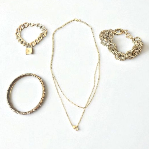 Gold Toned Jewelry Bundle ~ 1 Necklace And 3 Bracelets - Picture 1 of 8